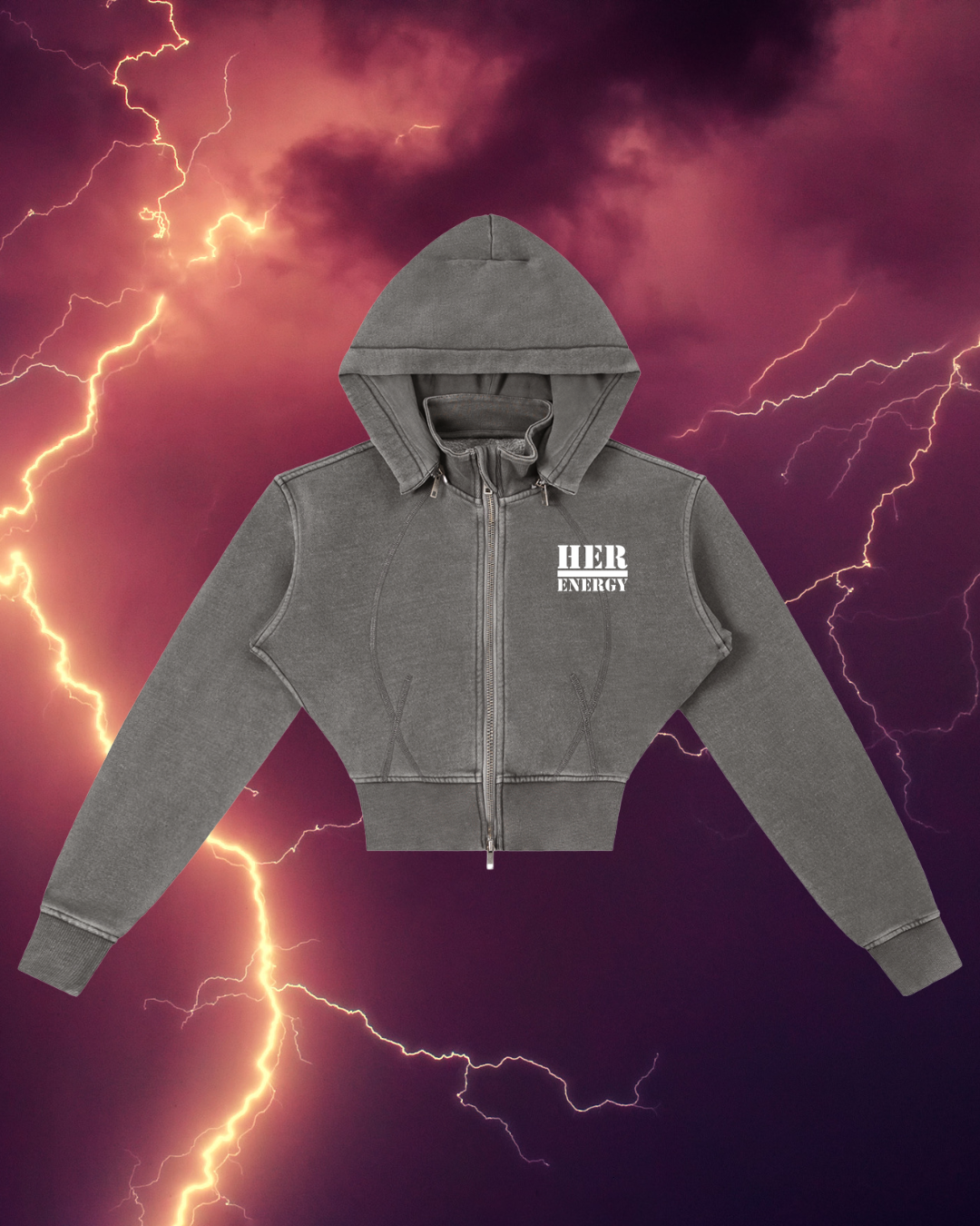 POSITIVE ENERGY W Vintage Washed Cropped Fleece Hoodie (GREY)