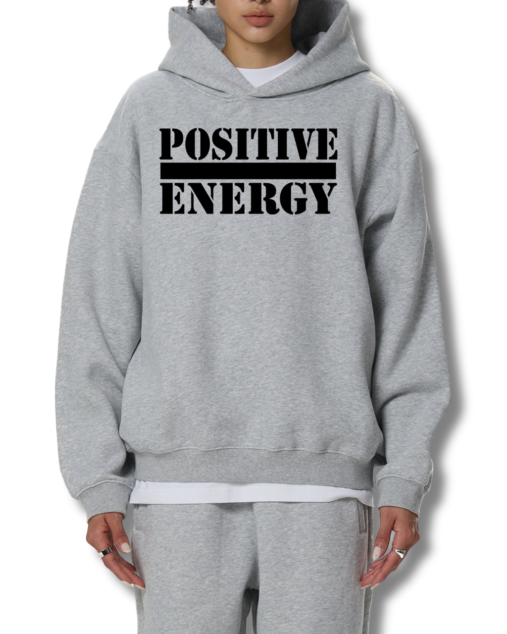 POSITIVE ENERGY Fleeced Boxy Hoodie (GREY)