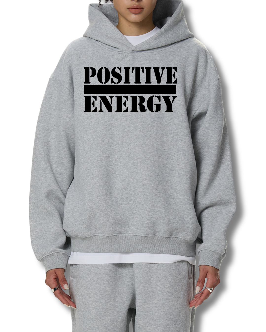 POSITIVE ENERGY Fleeced Boxy Hoodie (GREY)