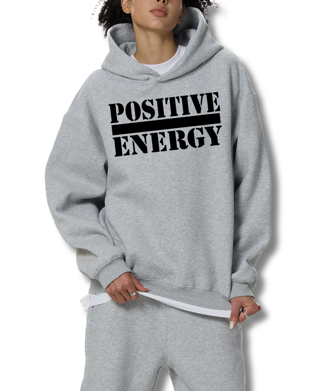 POSITIVE ENERGY Fleeced Boxy Hoodie (GREY)