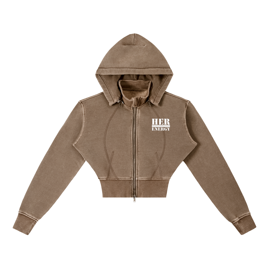 POSITIVE ENERGY W Vintage Washed Cropped Fleece Hoodie (BLACK)