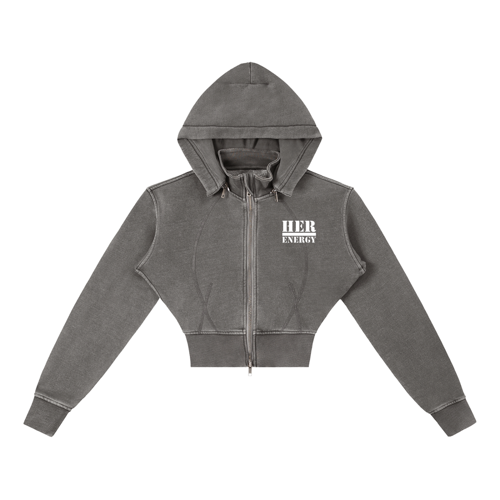 POSITIVE ENERGY W Vintage Washed Cropped Fleece Hoodie (BLACK)
