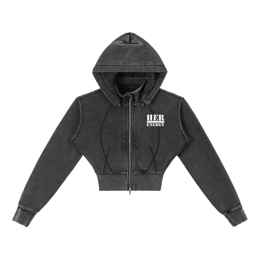 POSITIVE ENERGY W Vintage Washed Cropped Fleece Hoodie (BLACK)